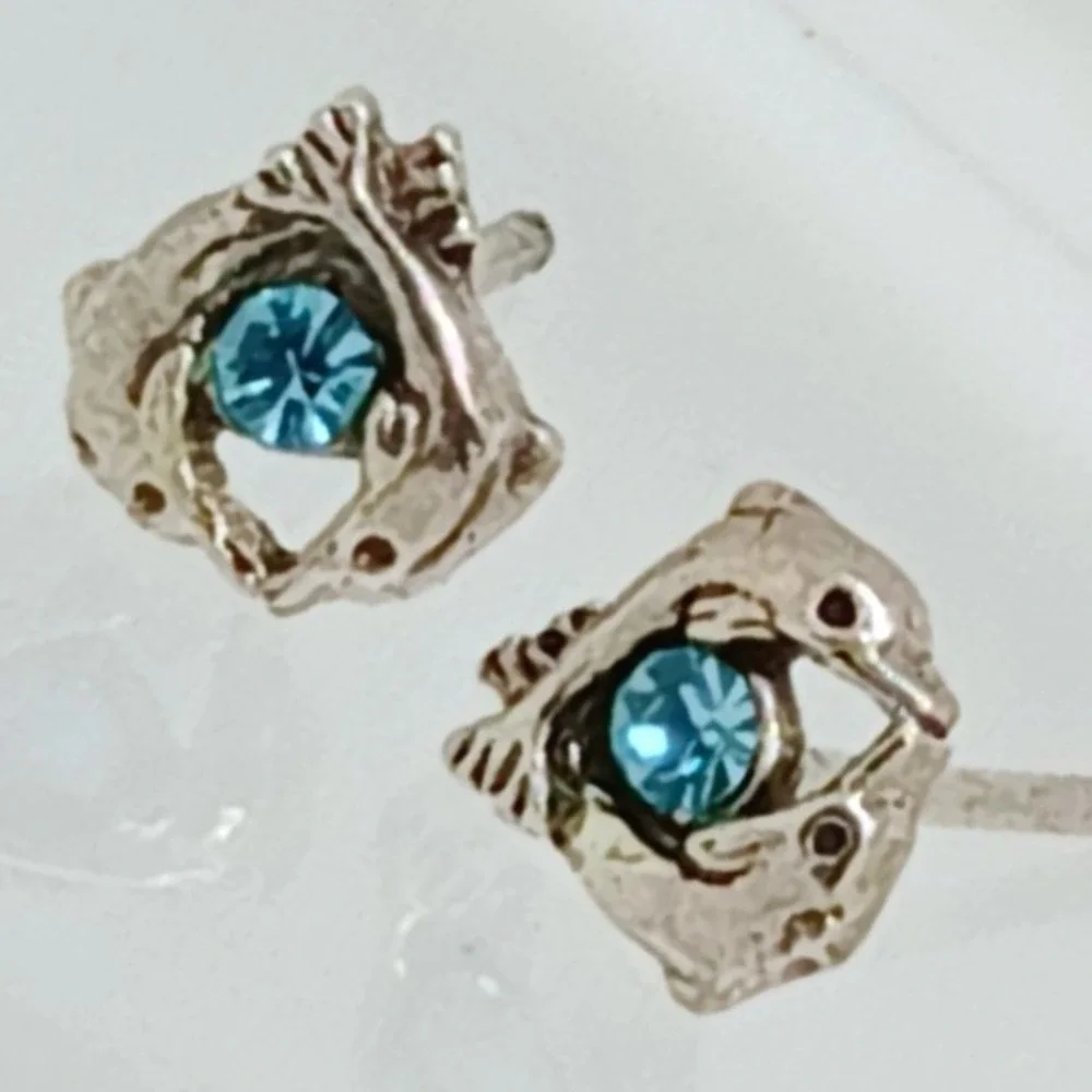 Sterling Silver 925 Dolphin Stud‎ Earrings Blue Crystal Nautical Vintage Jewelry